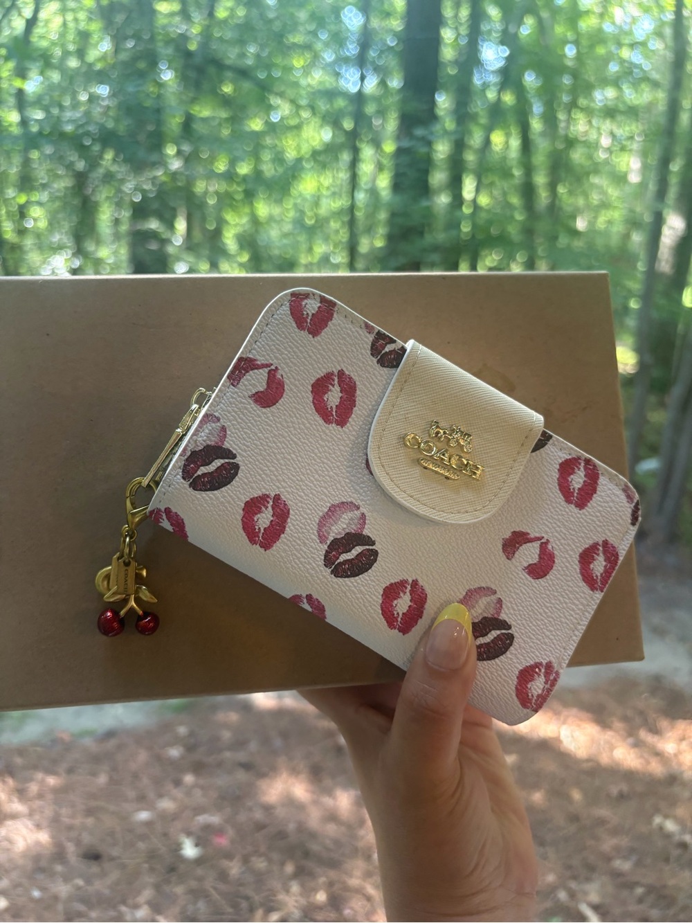 Coach White Wristlet Wallet with Pink & Red Kiss Print and Gold Hardware
